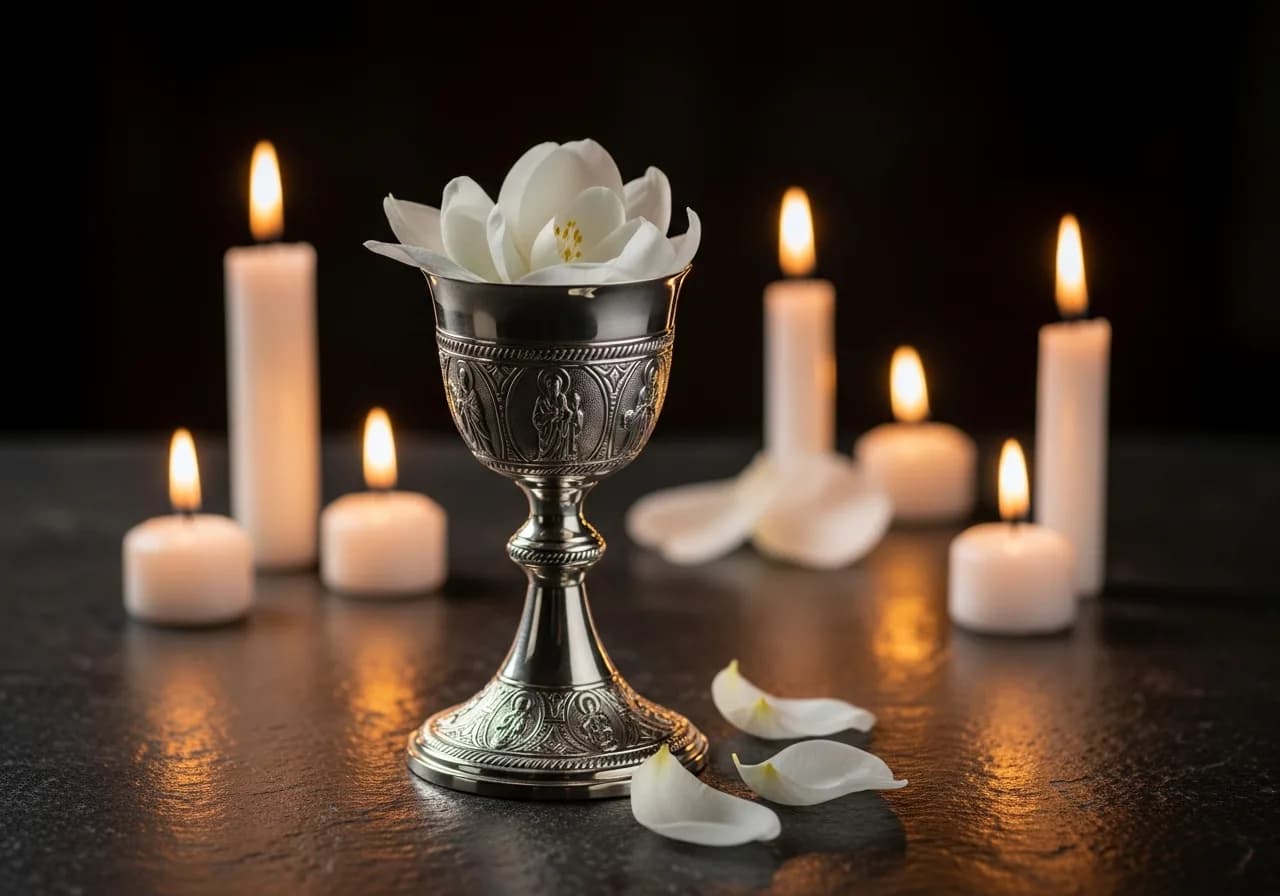 Cáliz de plata con velas y pétalos blancos sobre mesa — bautizo civil o en casa en Sevilla