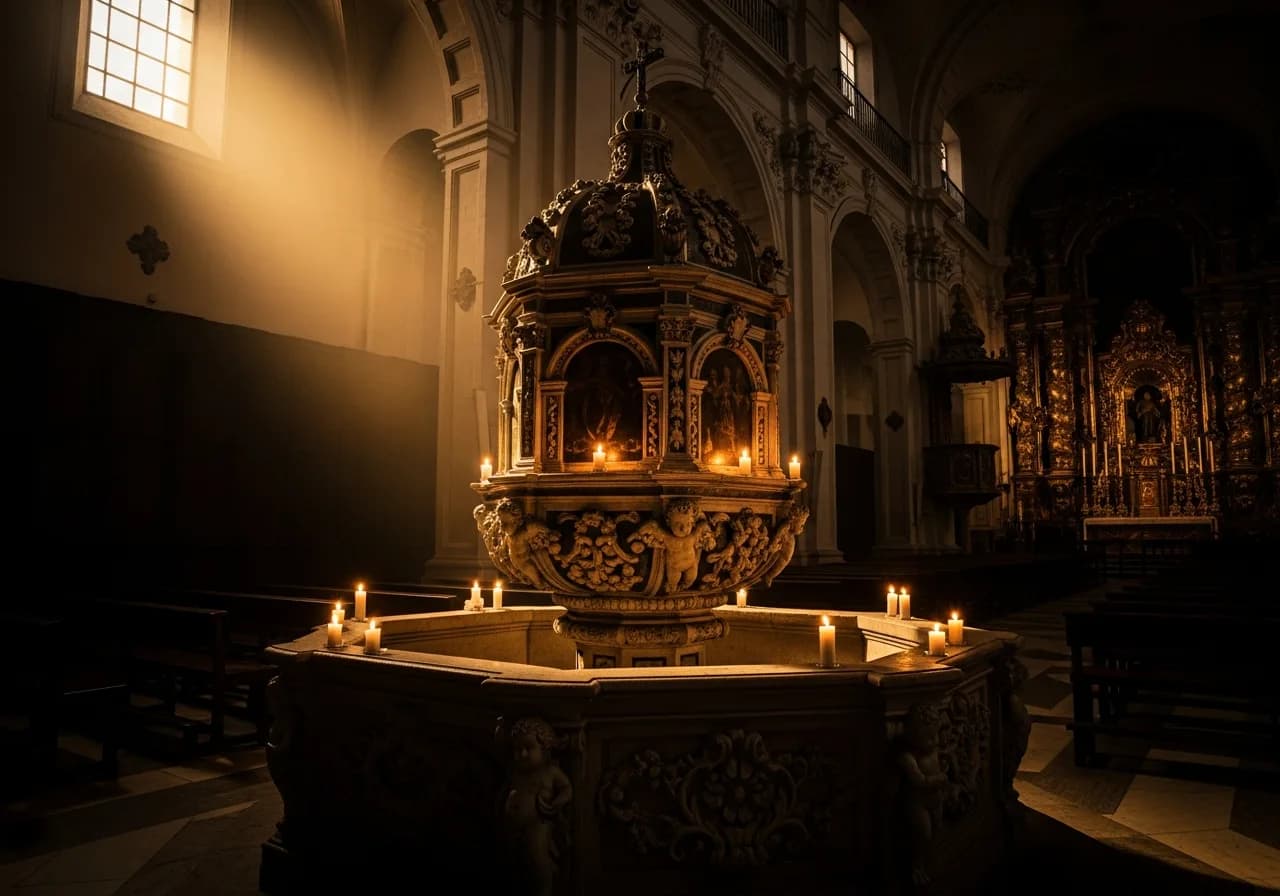 Interior de iglesia barroca sevillana con pila bautismal y rayos de luz — bautizo en iglesia en Sevilla