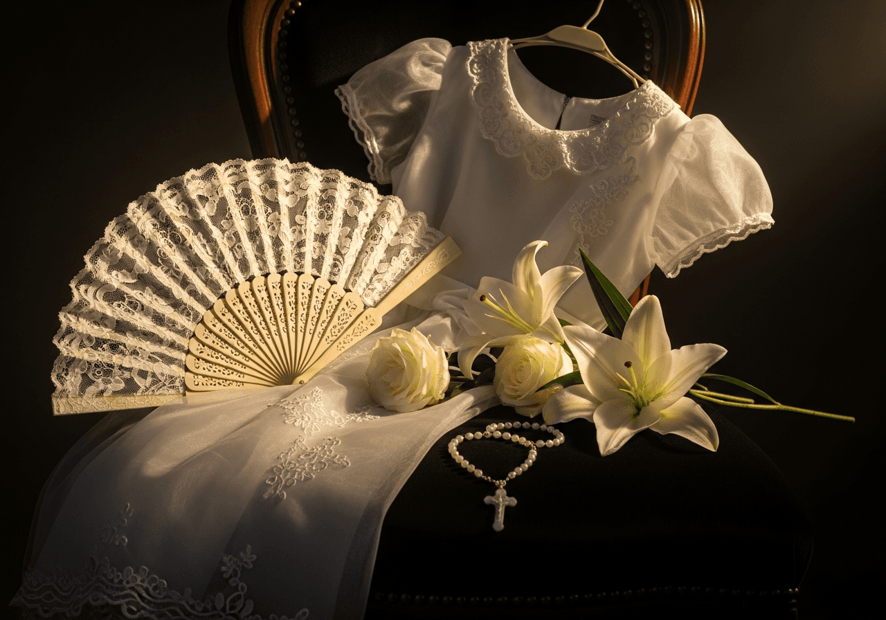 Atrezzo de comunión de niñas: vestido de organza, abanico de encaje y rosario sobre terciopelo — sesiones en Sevilla, Fotografía Ruiz