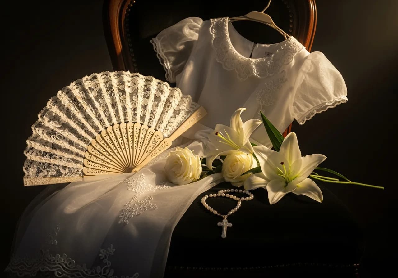 Complementos de comunión de niñas: vestido de organza, abanico de encaje y rosario sobre terciopelo — sesiones en Sevilla, Fotografía Ruiz