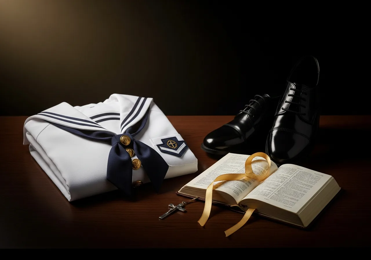 Complementos de comunión de niño: traje marinero con botones dorados, misal y cruz de plata — sesiones en Sevilla, Fotografía Ruiz