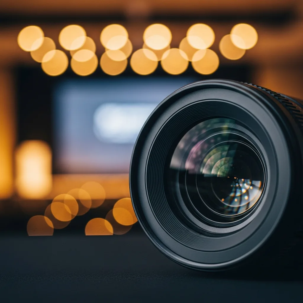 Objetivo fotográfico con luces de escenario en bokeh — atmósfera de cobertura de eventos corporativos. Fotografía Ruiz.
