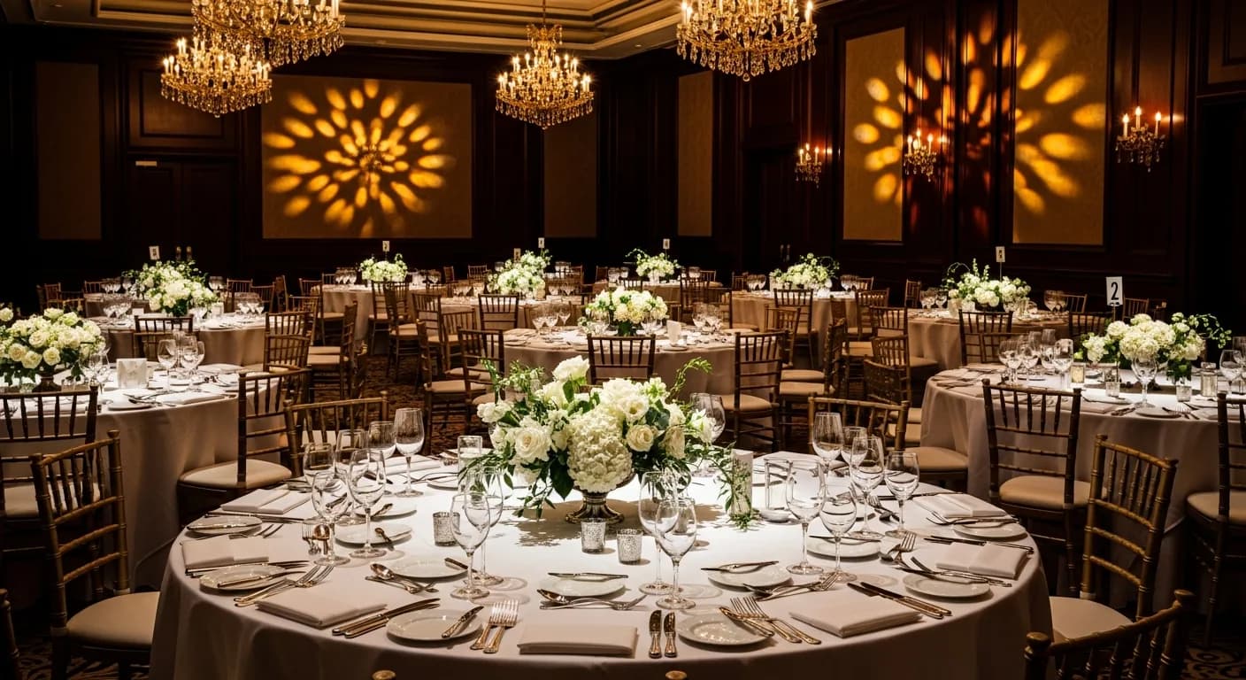 Sala de gala corporativa con mesas redondas y luz dorada de lámparas de araña — composición editorial. Fotografía Ruiz.
