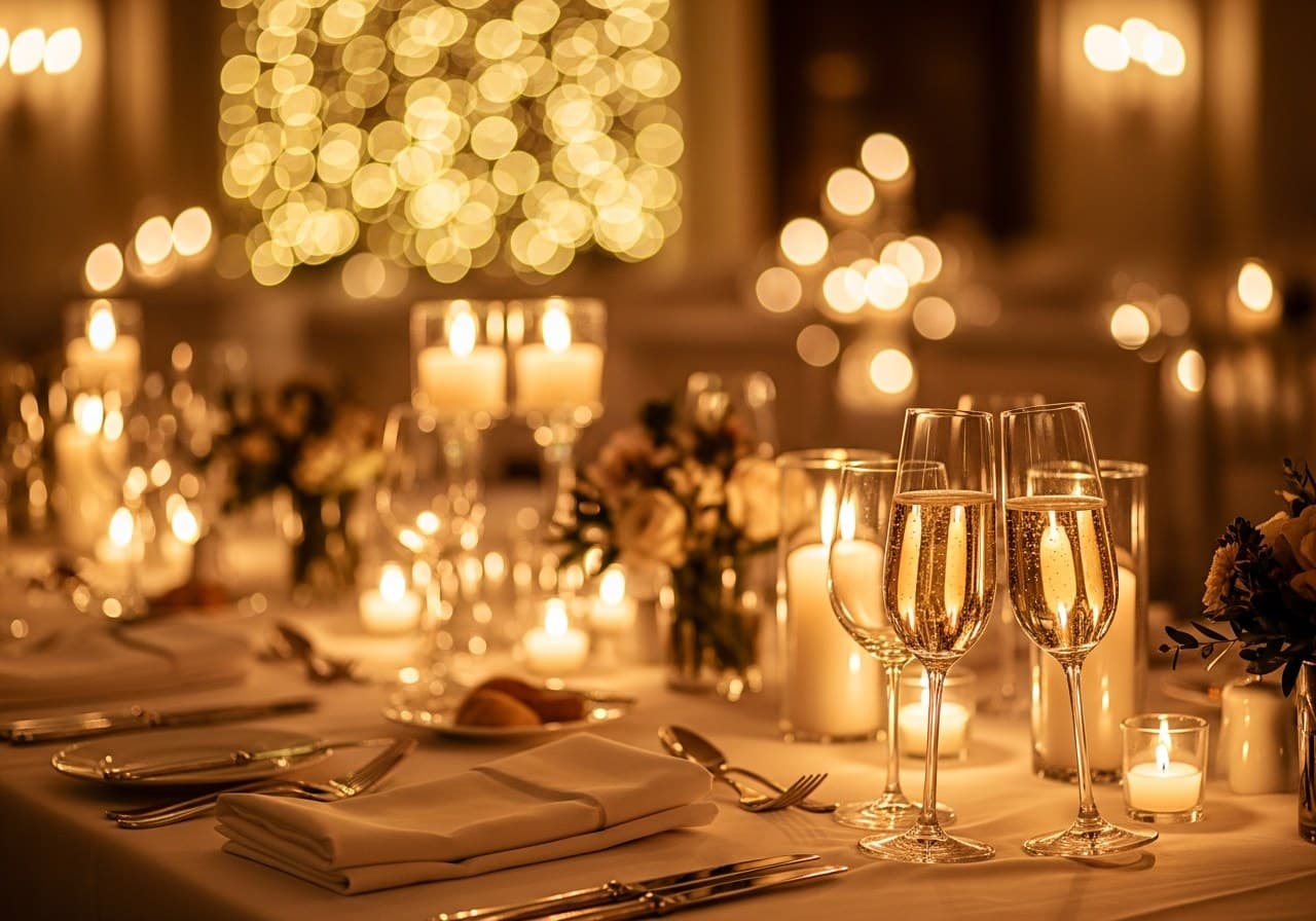Celebración privada con luces bokeh doradas y copas de champán — fotografía de eventos sociales en Sevilla