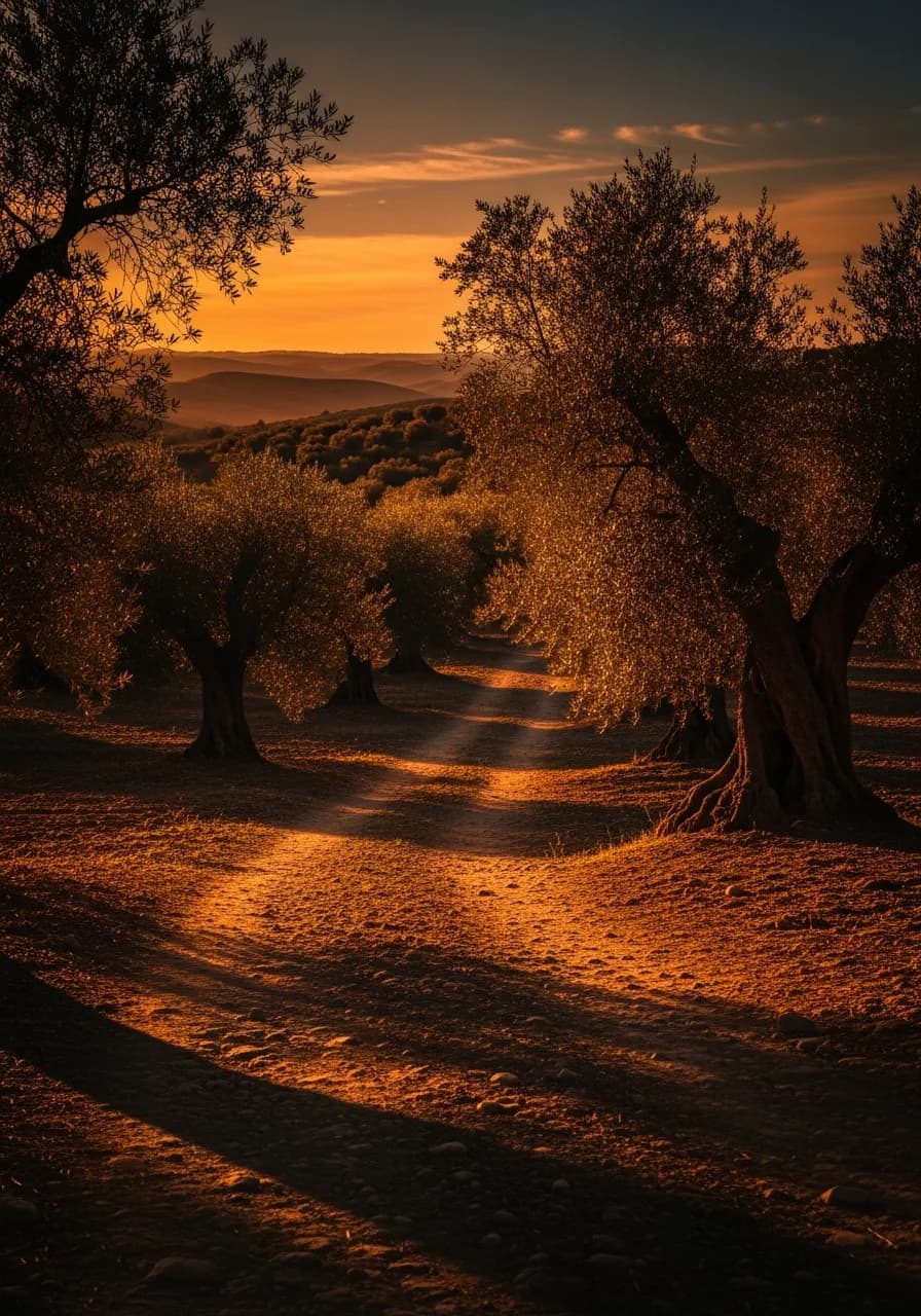 Olivar del Aljarafe sevillano al atardecer con luz cálida entre olivos centenarios