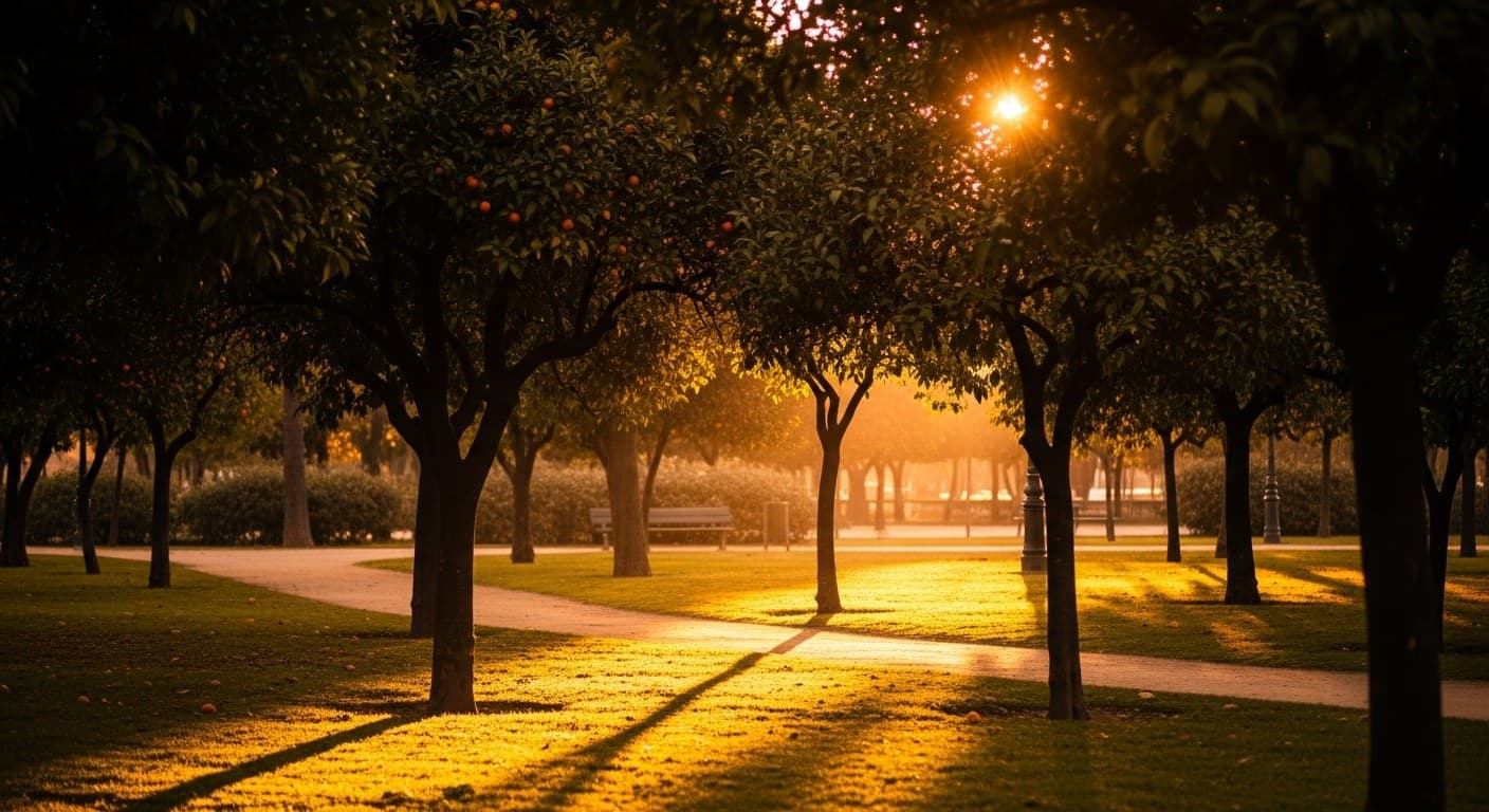 Parque de Sevilla al atardecer con luz dorada entre árboles