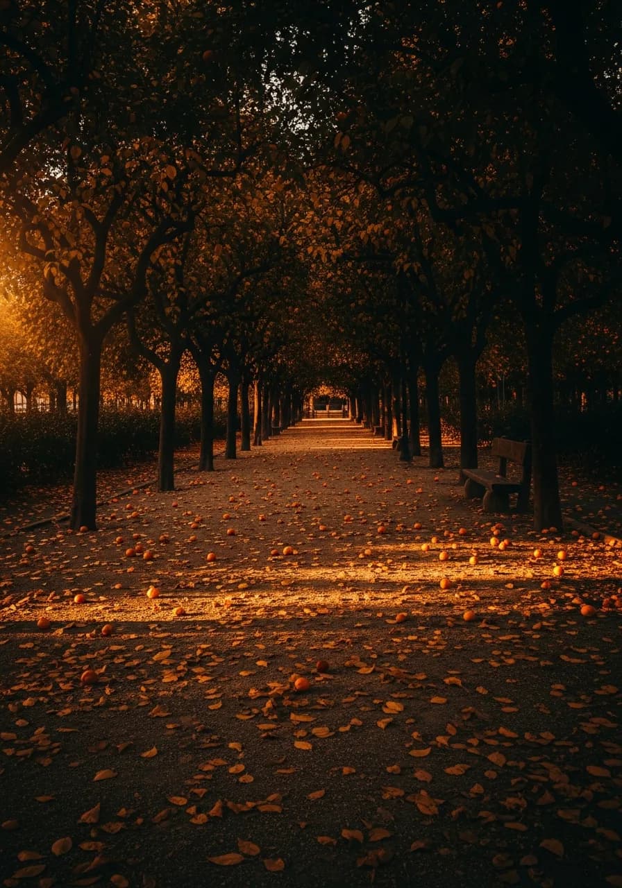 Avenida de naranjos en parque de Sevilla con luz de atardecer dorado