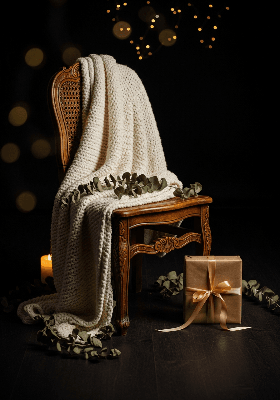 Silla antigua con manta de lana y regalo artesano con bokeh dorado de fondo — Fotografía Ruiz