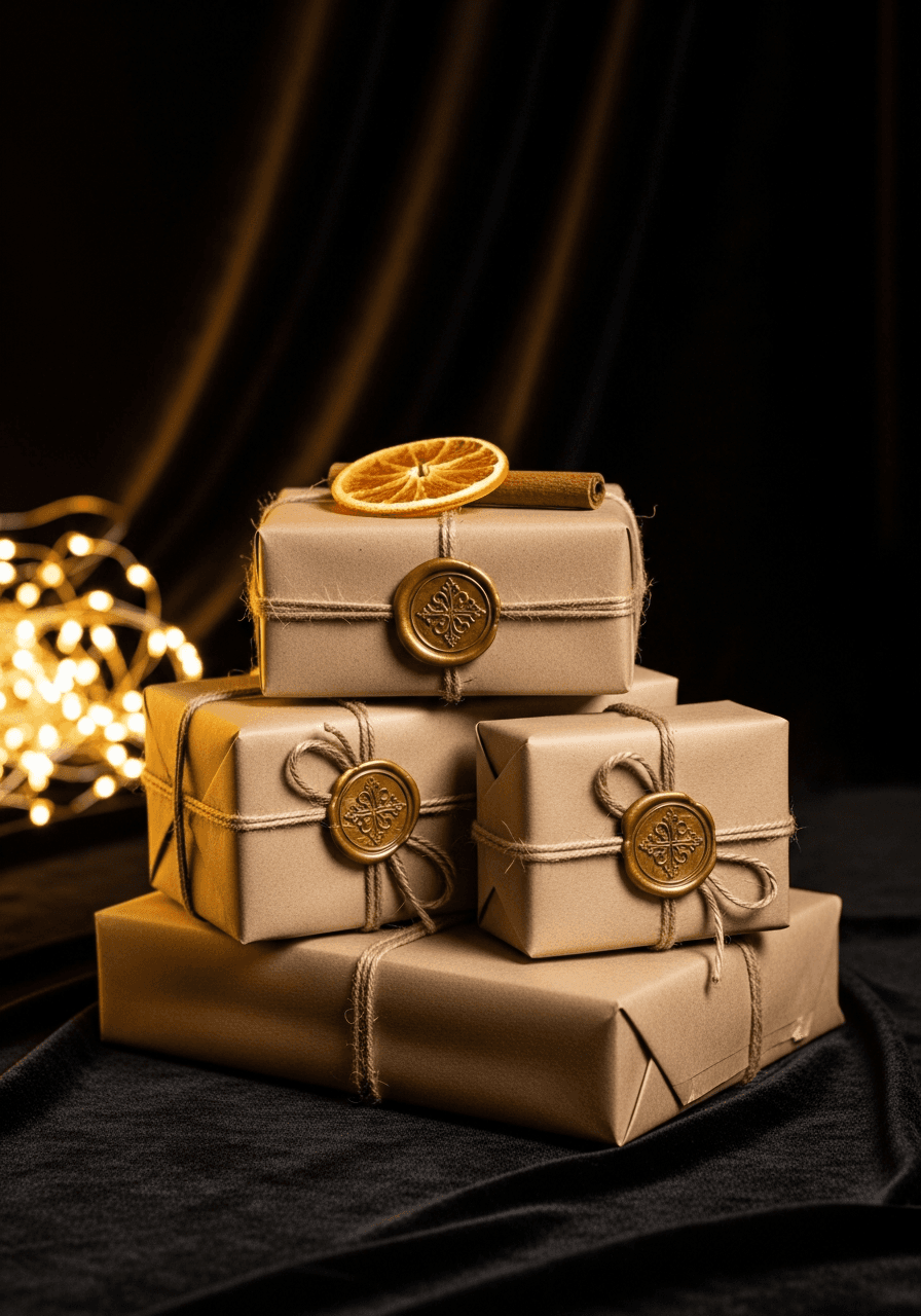 Regalos navideños envueltos en papel kraft artesano con lazo de lino, sellos de cera dorada y decoración seca — Fotografía Ruiz