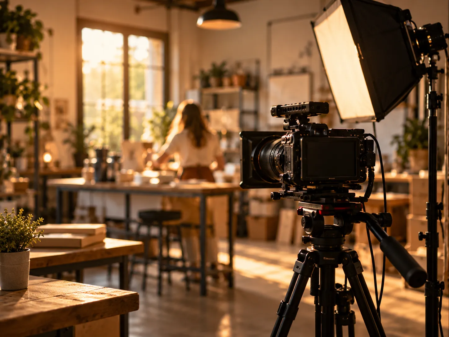 Cámara en trípode y luz de estudio preparadas para grabar un vídeo en el taller de una empresa