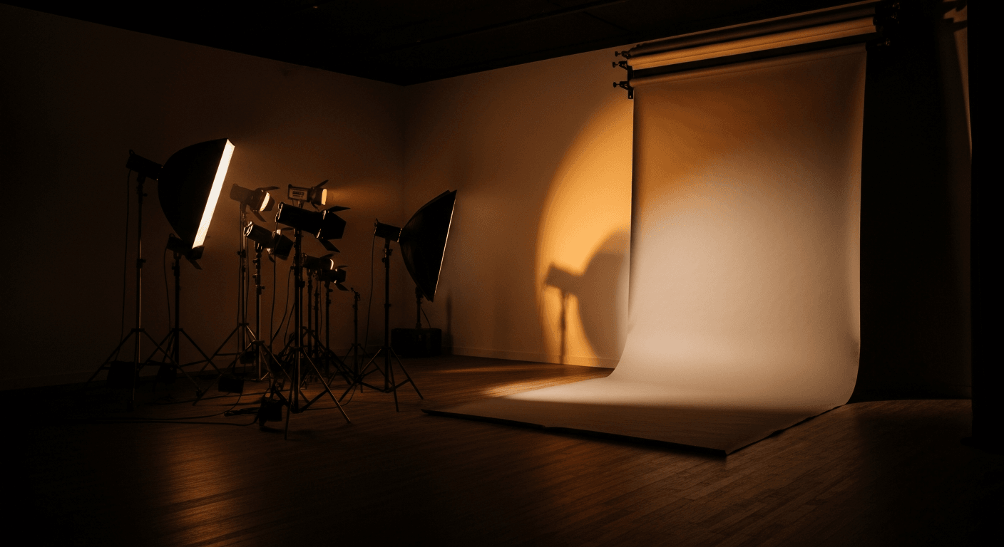 Interior de estudio de fotografía en Sevilla con luz cálida y fondos neutros — Fotografía Ruiz