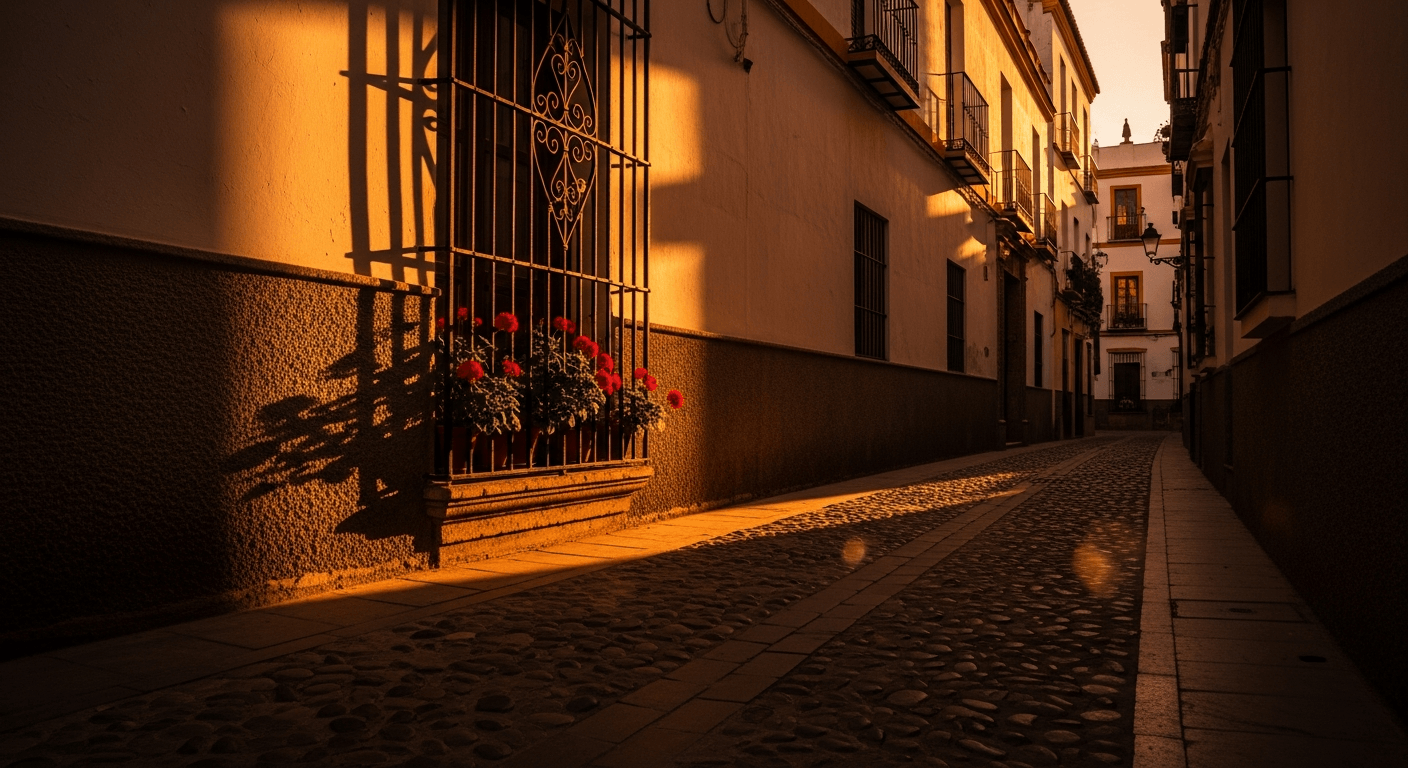 Callejuela sevillana con luz dorada — sesiones de fotos de comunión en Sevilla, Fotografía Ruiz
