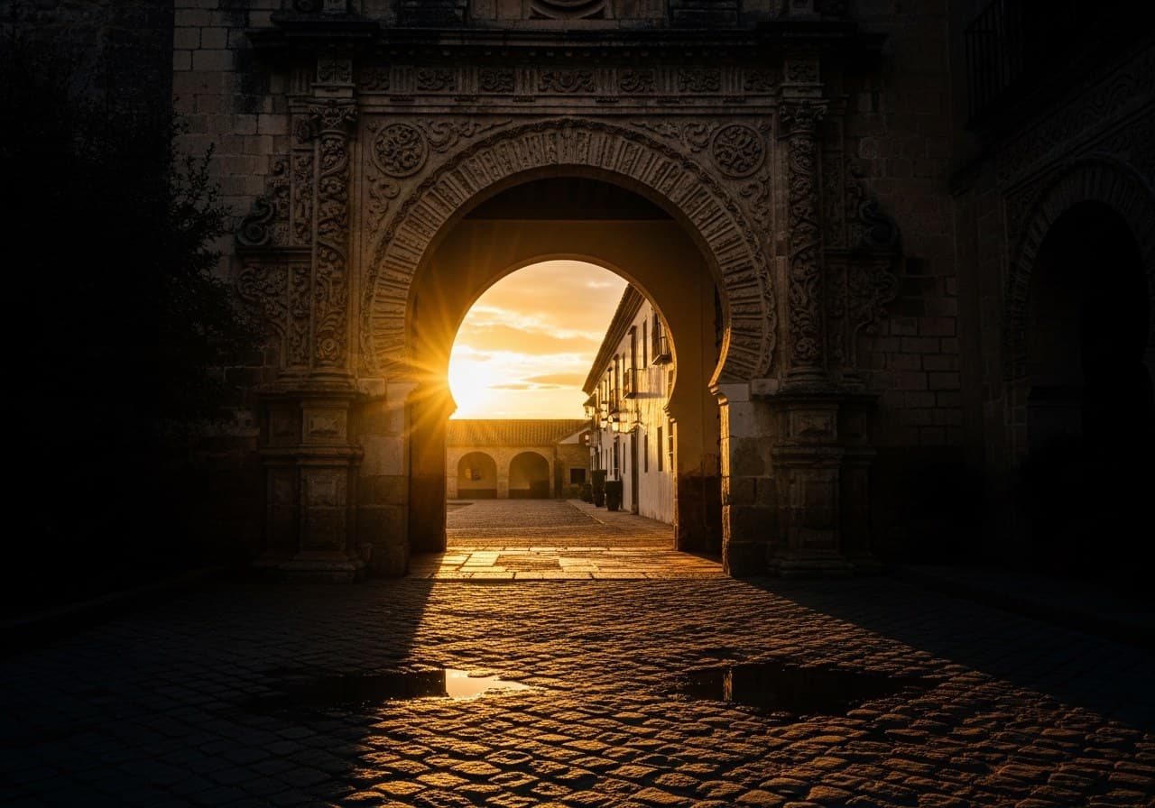 Arco de hacienda andaluza al atardecer dorado: portada guía fotógrafo boda Sevilla