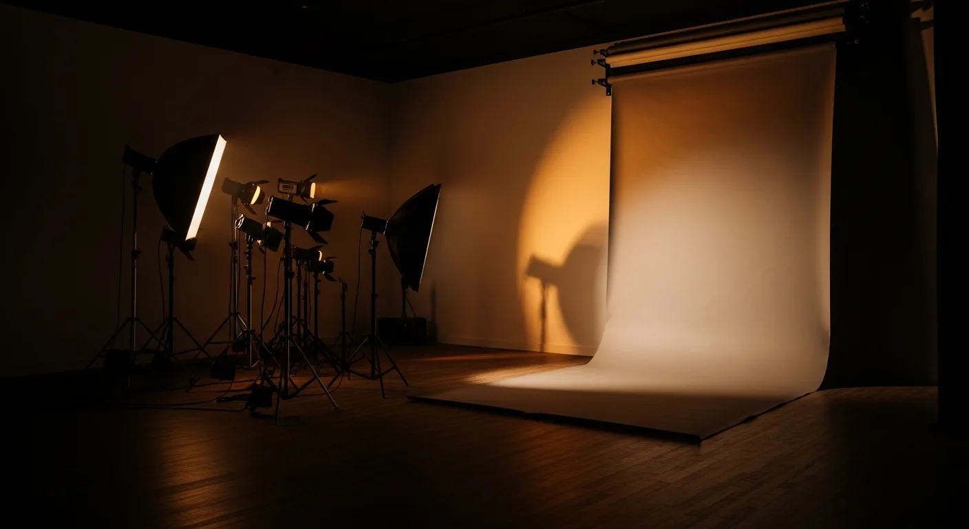 Interior de estudio de fotografía en Sevilla con luz cálida y fondos neutros — Fotografía Ruiz