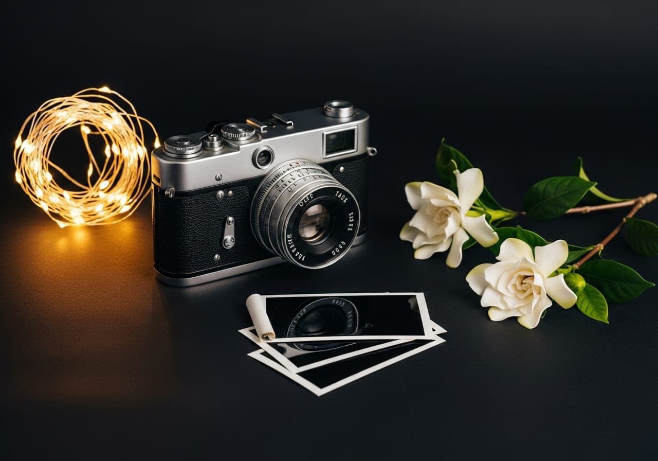 Set de estudio para fotos de comunión: cámara, luces cálidas y gardenia sobre fondo oscuro, Fotografía Ruiz, Sevilla