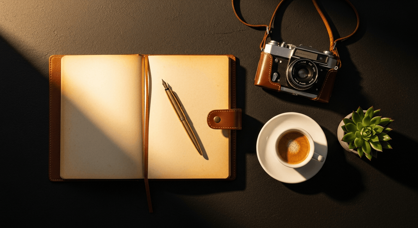 Atrezzo de sesión de marca personal: cuaderno de cuero, cámara analógica y pluma dorada sobre superficie oscura