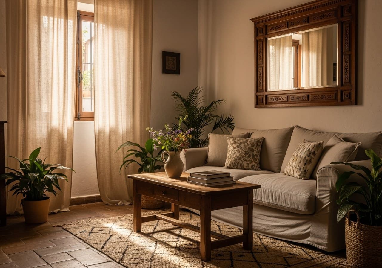 Salón con luz natural cálida entrando por la ventana, ambiente de una sesión de embarazo en casa en Sevilla