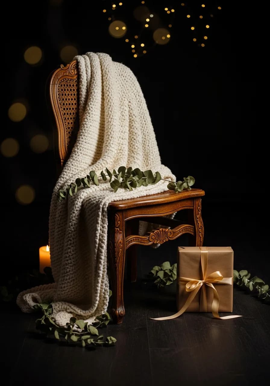 Silla antigua con manta de lana y regalo artesano con bokeh dorado de fondo — Fotografía Ruiz