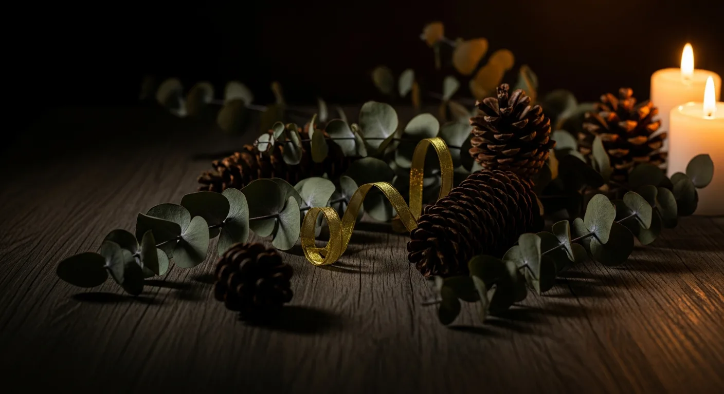Eucalipto, piñas y lazo dorado sobre madera oscura, decorado navideño de estudio en Sevilla — Fotografía Ruiz
