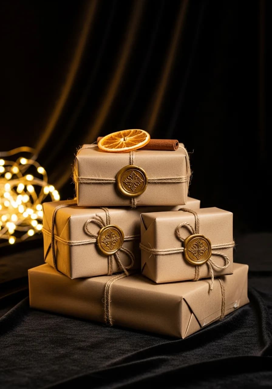 Regalos navideños envueltos en papel kraft artesano con lazo de lino, sellos de cera dorada y decoración seca — Fotografía Ruiz